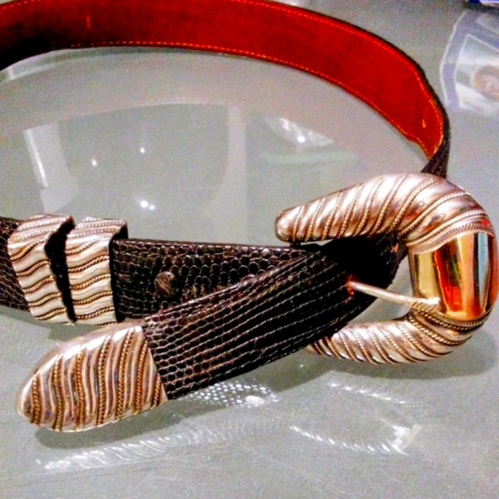 Gorgeous Antique Chet Vogt .925 Sterling & 14k Gold Black Lizzard Belt Size 28